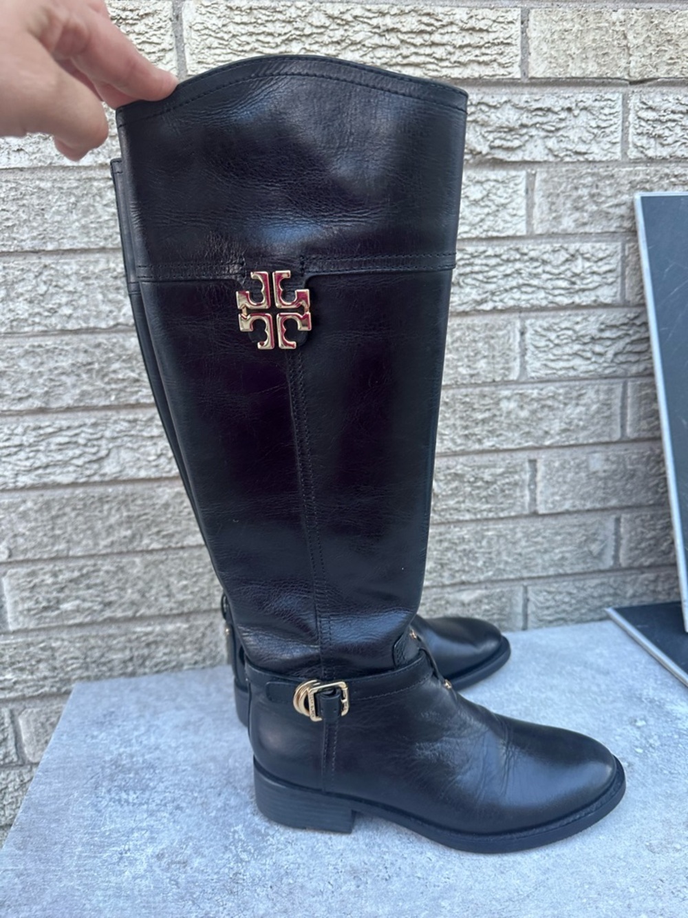 Tory Burch ELOISE Equestrian Knee High Tall Riding Boots Sz 4.5 Gold Logo
